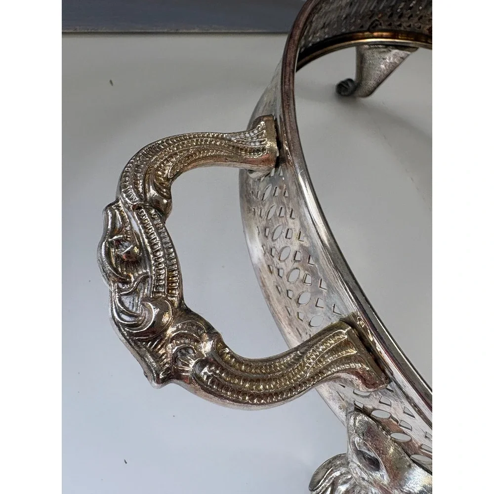 Vintage Silver Plated Reticulated Casserole Holder Lion Paw Feet Footed Trivet